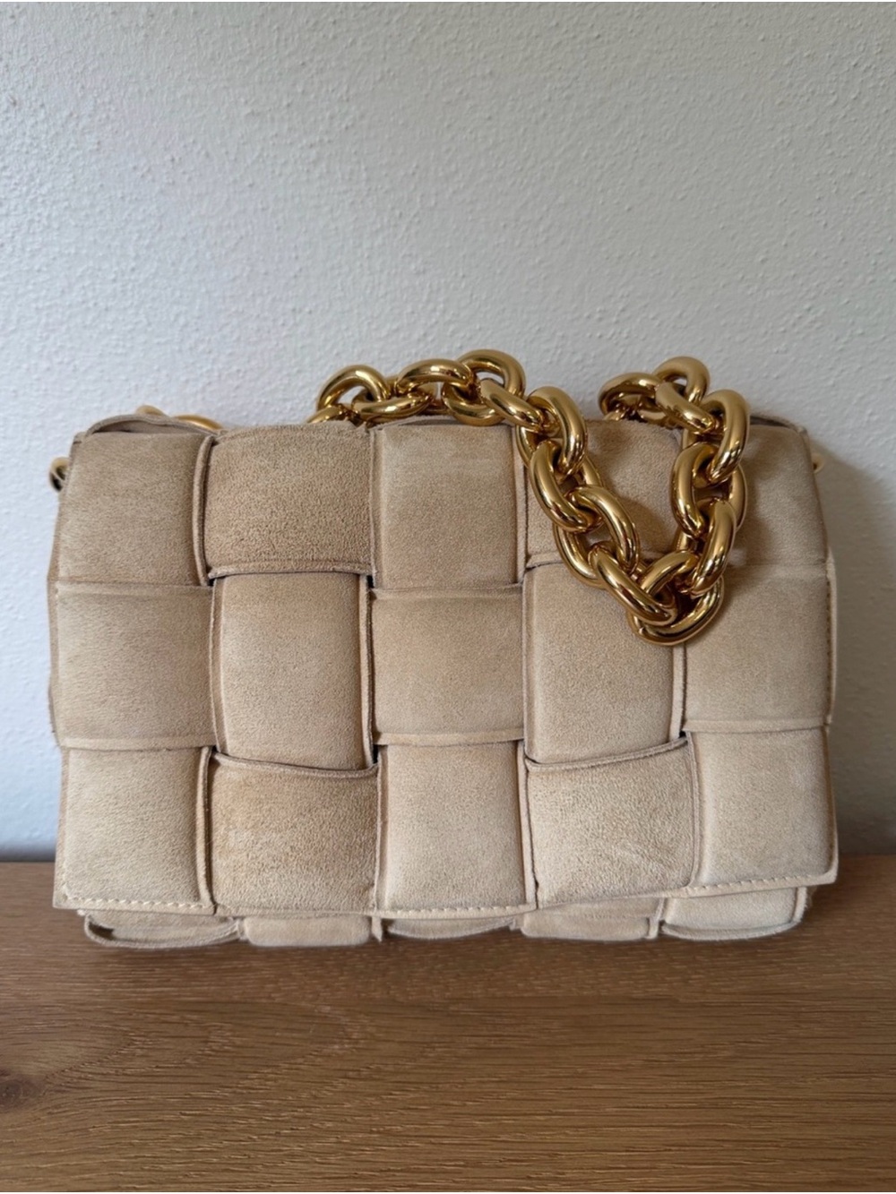 Bottega Veneta Beige Suede Cassette Shoulder Bag with Gold Chain